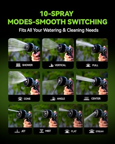 RAINPOINT Hose Pipe Spray Gun, Heavy Duty Metal Garden Hose Spray Gun with 10 Patterns, High Pressure Hose Nozzle with Thumb Flow Control for Watering Plants, Lawns, Cars and Pets Washing, Black