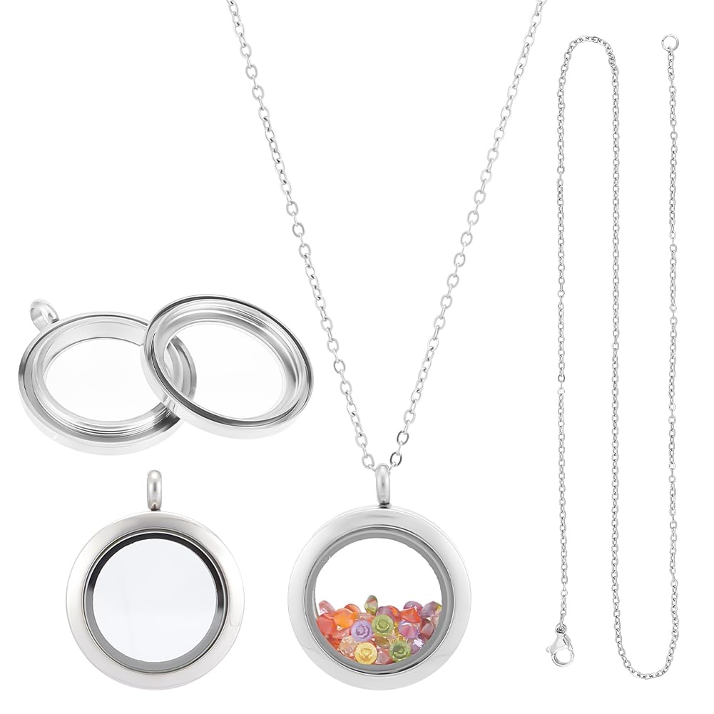 UNICRAFTALE 2 Sets 45cm 304 Stainless Steel Memory Locket Charm Flat Round DIY Picture Photo Necklace Making Kit Chain Necklace with Crystal Double Sided Frame Glass Container Floating Charms