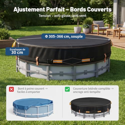Round Pool Cover 366 cm Kit with Pool Cushion, 6 Hydrated Weight Bags | 420D Oxford UV Protection Overground Swimming Pool Cover with Clip Buckles and Drawstring
