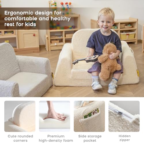 BanaSuper 2-in-1 Convertible Children's Sofa Bed, Folding Armchair for Babies, Armchair for Children, Widened Base, Removable Washable Cover, Gift for Boys Girls in Yellowish Beige