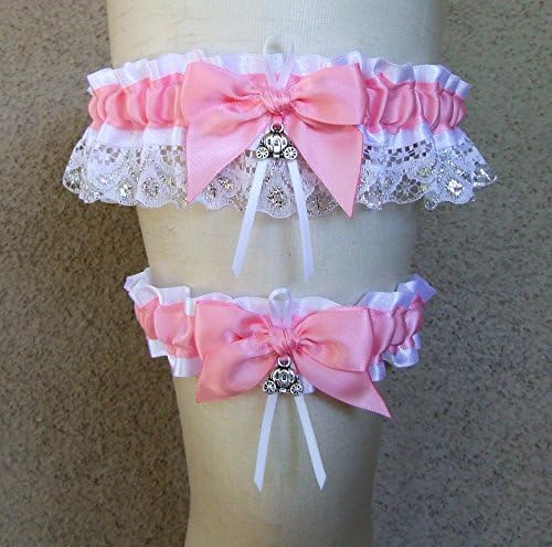 Custom Fairytale Garter Set with Silver and White Lace and Your Choice of Bow Color and Charms