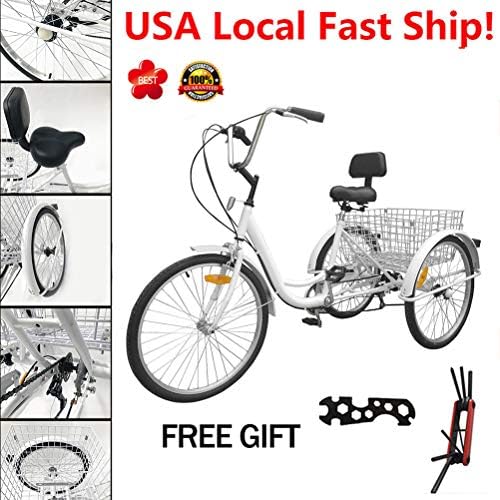 XIDAJE Adult Tricycle Three (3) Wheeled 24" Shimano 7 Speed Tricycle Trike Bicycle Bike Cruise Basket Maintenance Tool