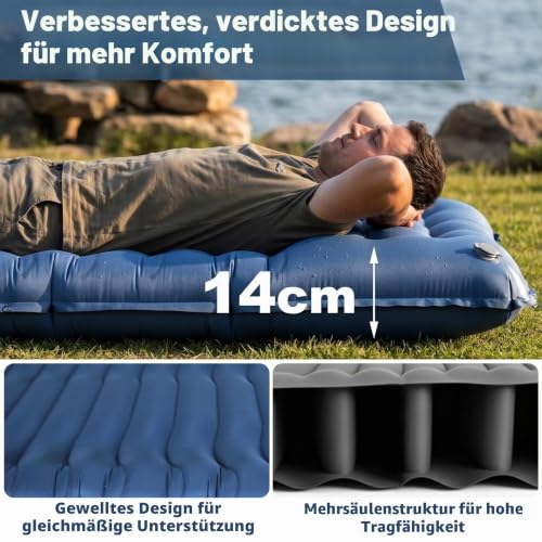 Owelth Isomatte Camping Outdoor, 14cm Verdickte Luftmatratze Isomatte mit Kissen & Fußpumpe, Faltbare Campingkarymatte, Kompakt Aufblasbare Schlafunterlage für Wandern Reisen Strand, 192 * 68 * 14cm
