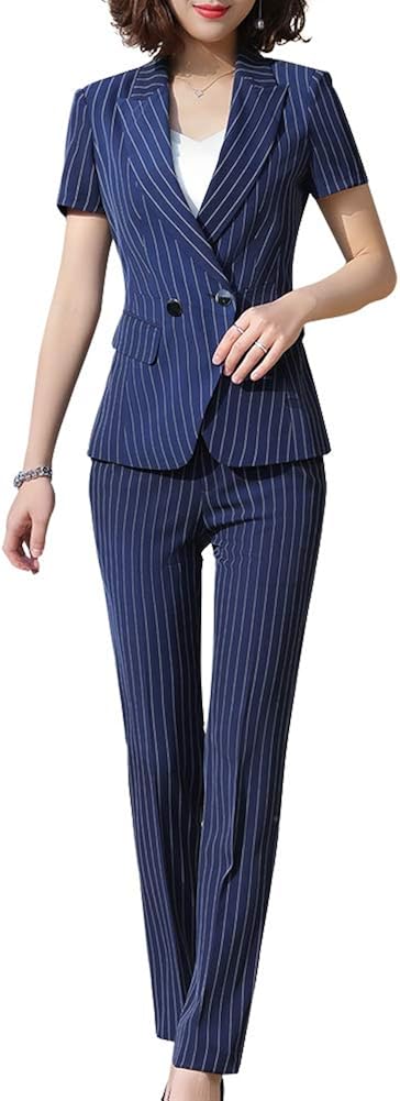 SUSIELADY Women’s Formal Two Pieces Stripe Office Lady Business Work Suits Short Sleeve Women Blazers for Work