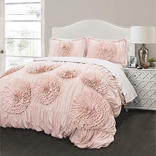 Lush Decor Serena Comforter Pink Blush Ruched Flower 2 Piece Set, Twin XL,