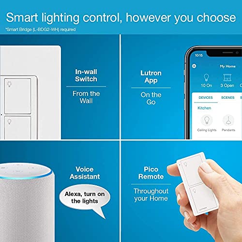 Lutron Caseta Smart Lighting Switch for All Bulb Types or Fans | Neutral Wire Required | PD-6ANS-WH | White