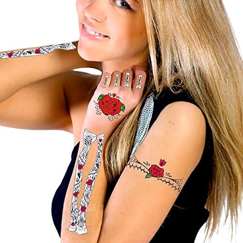 Glitter Red Roses Day of the Dead Hand & Arm Bones Temporary Tattoo Kit by CA Tattoos
