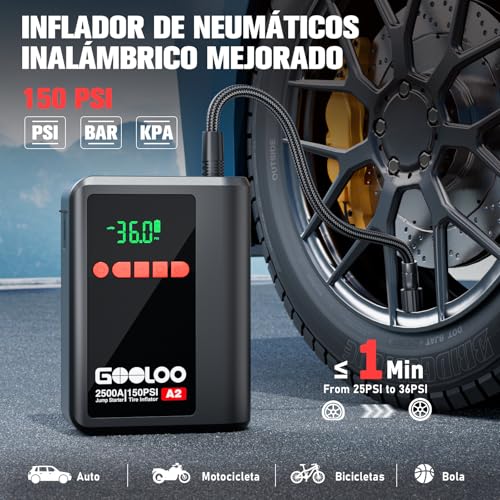 GOOLOO Arrancador de batería A2 8 en 1 con compresor de Aire, 2500 A (hasta 8 L de Gasolina/6 L de diésel), inflador de neumáticos inalámbrico de 150 PSI con Apagado automático