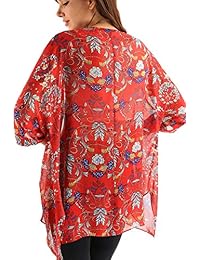 MYIFU - Kimono de gasa con estampado floral de manga 3 4 para mujer