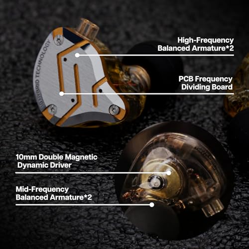 Linsoul KZ ZS10 Pro,5-Core 4BA+1DD In-Ear Headphones,HiFi Wired Earphones,Gaming Earphones,IEM Hybrids,Detachable 2Pin Recessed Cable (Dazzling Yellow, with Mic)