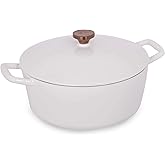 Lagostina 6 quart Round Cast Iron Cocotte with Cover, Round, Enameled Dutch oven pot, with French oven, White with Bronze Lid