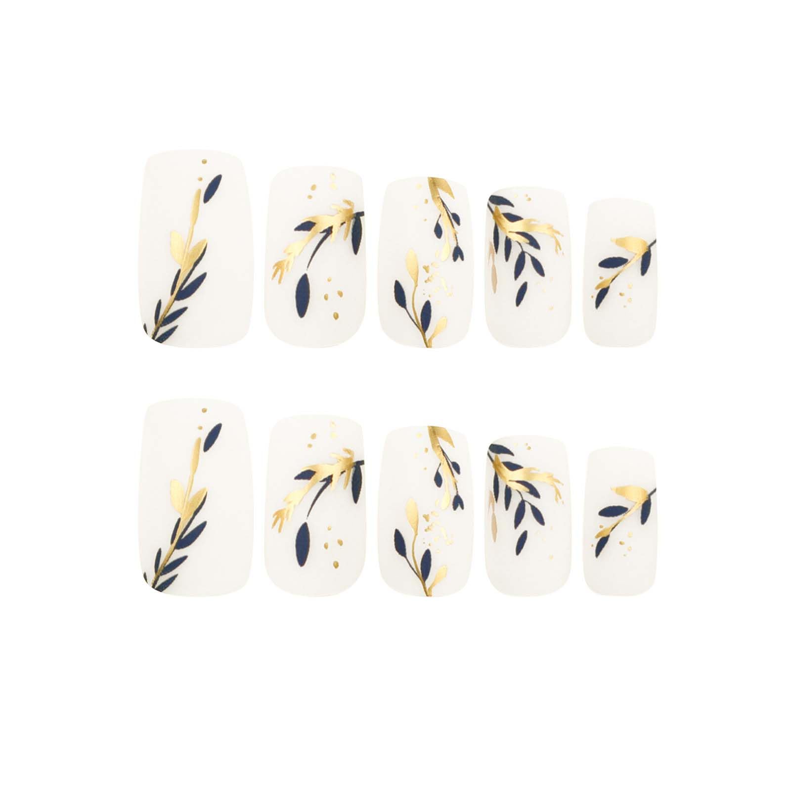 RUOKEXIN 24Pcs White Square Press-on Nails with Gold Blue Leaf Designs, Glossy Acrylic False Nails, 12 Different Sizes, 1 Fl Oz (Pack of 24), 18 Sets - Image 2