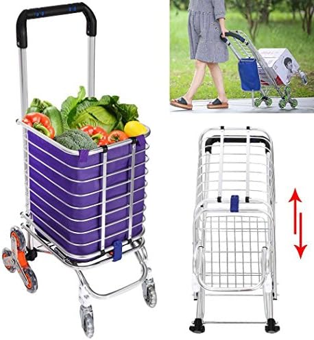 Portable Folding Stair Shopping Cart, Heavy Duty Rolling Aluminum Climbing Cart Grocery Laundry Utility Cart with Wheel Bearings and Oxford Cloth Bag [US STOCK] (Silver)