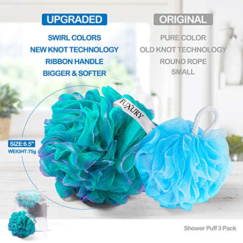 Fuxury 4 pcs Bath Sponges Shower Loofah Swirls Color Set, 3 pcs 75g Mesh Pouf + 1 pcs 20g for Baby or Face Washing
