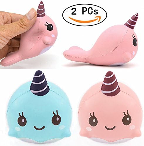 Soft Cartoon Whale Squishy Slow Rising Squeeze Toy Phone Cellphone Straps Ballchains Toy Collections Stress Relief [Random Expressions] (Blue + Pink, 2 PCs)