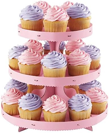 Cupcake Stand Cardboard Disposable 3 Tier Display Tower for Cupcakes, Cake Cones, or Pastries with Bonus Cupcake Decorating Set (Pink)
