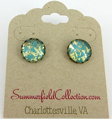 Antiqued Gold-tone Teal Blue Green Glitter Glass Stud Earrings Hand-painted 12mm - Thumbnail 4