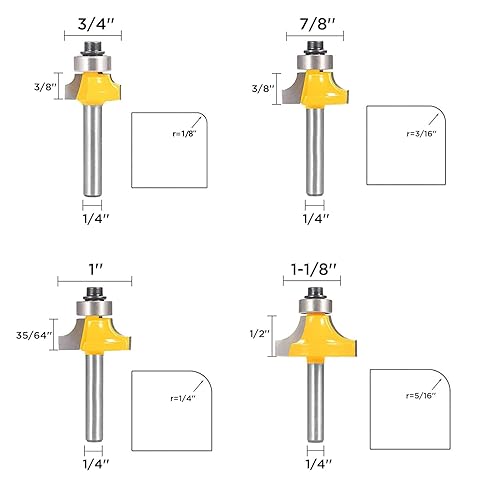TOOLDO 4-Piece Roundover Router Bit Set - 1/4" Shank For Smooth Rounded Edges (1/8" To 5/16" Radii) 7 thumbnail image