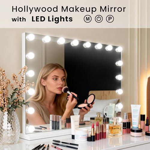 MIQU Espejo Maquillaje con Luz 58x45cm,Espejo Tocador Hollywood con 15 Bombillas LED,3 Modos de Luz,Intensidad Ajustable,con Puerto USB/Type-C,Aumento 10X,Control Táctil,para Mesa o Pared