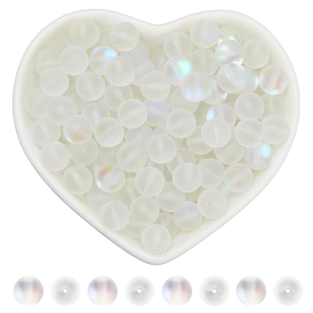 SOFPLATE 1 Box 150Pcs Moonstone Glass Beads Bulk Frosted Bead Matte 8mm Round Clear Transparent Aurora Crystal Dyed Ball Frost Spacer Loose Beads for Jewellery Making Bracelet Necklace Earring DIY