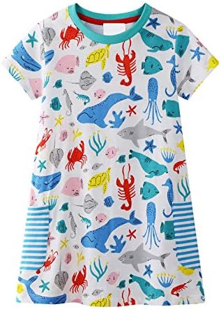 Kids Girls Dress Long/Short Sleeve Cotton Cartoon Animal Applique Flamingo Unicorn Pattern Dress Little Girls Cotton T-Shirt 1-8 Years Old