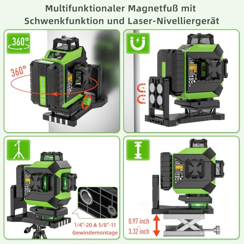 Huepar 4x360 4D Green Laser Level 16 Lines Laser Self-Leveling Cross Tool, 2x360 Horizontal & Vertical with Pulse Mode, Li-ion Battery, Magnetic Base, Hard Carrying Case