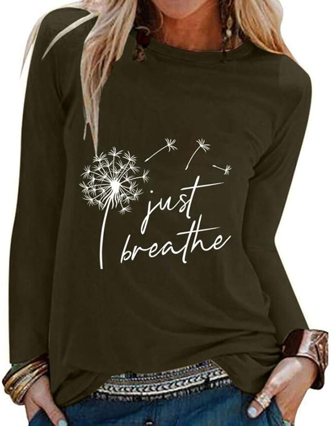 thumbnail image 2 of Xuanfei Women Dandelion Print Just Breathe Letter Print Crew Neck Long Sleeve Sweatshirt Top 2 of 14
