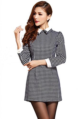 Sleeves Pullover Slim Tartan Plaid Mini Dress เดรส แฟชั่นชุดทำงาน Beautifulmall ผู้หญิง Winter Long