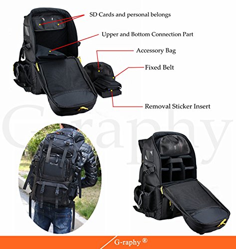 G-raphy Large Camera Backpack Bag Hiking Travel Backpack for All DSLR SLR Cameras, Laptops, Tripods and Accessories (Black) - Thumbnail 6
