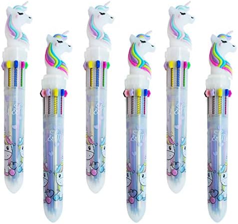 Cute Retractable Ballpoint Shuttle Pens Unicorn Pen 0.5 mm Gel Ink Roller Pen Multicolor Liquid Ink Pens Set 10-Color-In-1 Office School Pen Supplies Gifts for children 6 pcs
