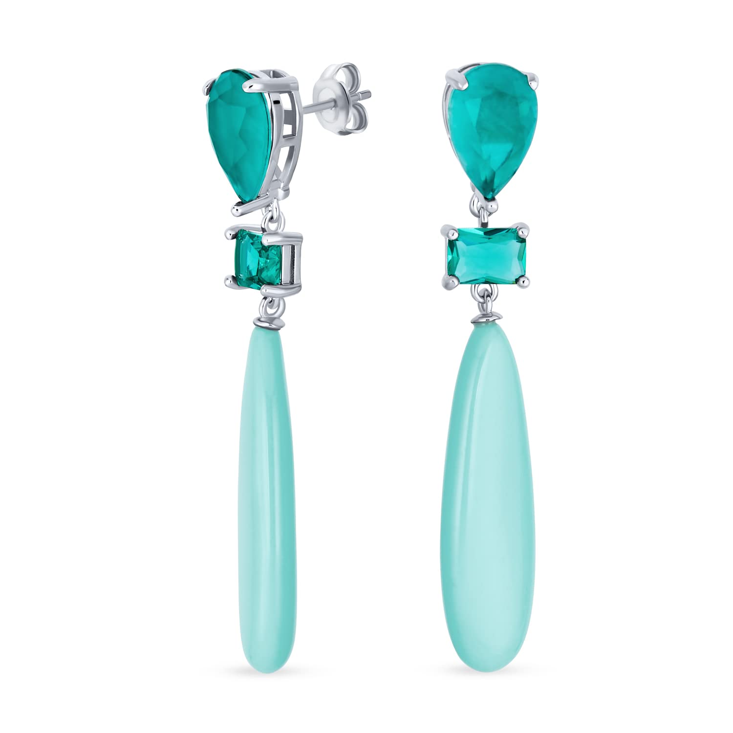 Unique Geometric Linear Blue Turquoise Elongated Flat Teardrop Rectangle Multi Shape Aqua CZ & 3 Multi-Tier Natural Gemstone Party Dangling Earrings for Women in Silver Plated