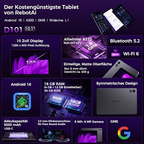 RebotAi 2026 Neuestes Tablet 10.1 Zoll Android 16 mit Gemini AI, 16GB RAM + 64GB ROM, GMS Widevine L1, WiFi 6 & BT 5.2, Dünn und leicht Tablet mit Gesichtserkennung (Grau)