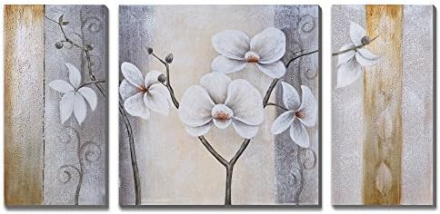 cubism-3 Panels Contemporary White Orchids Floral Oil Paintings on Canvas Artwork L,Ready to Hang