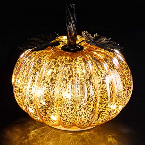 denlix Mercury Glass Pumpkin Lights Fall Decor, Battery Operated LED Timer 5.5 Inches Decorative Pumpkins, Fall Centerpieces for Tables Decorations
