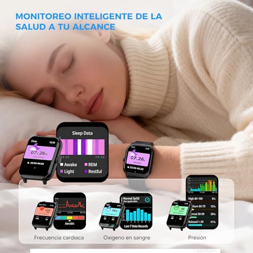 HUSEYTA Reloj Inteligente Hombre Mujer con Llamadas Bluetooth, Smartwatch 1.83" IPX8, Pulsera Actividad con Pulsómetro, Sueño, Compatible iPhone Android Negro(2 Correas: Silicona + Tejida)