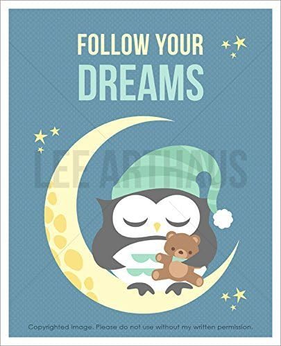 4T "Follow Your Dreams" Baby Boy Owl on Moon UNFRAMED Wall Art Print by Lee ArtHaus