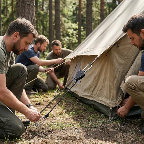 MUYAPAY Set of 4 Ratchet Tensioners, Adjustable Ratchet Rope Retractable Pulley, 4 m Reflective Tent Rope for Attaching a Tent in Full Equipment Essential for Camping Travel Black