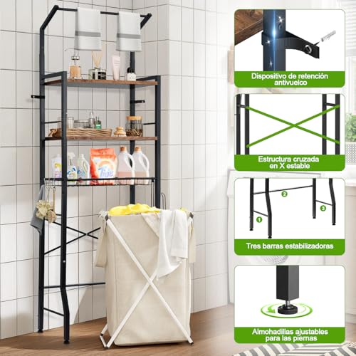 LOKOOY Estantería sobre el Inodoro, Organizador de Baño de 7 Niveles Ajustable, Mueble para Inodoro, Ahorro de Espacio con Ganchos (Negro rústico)