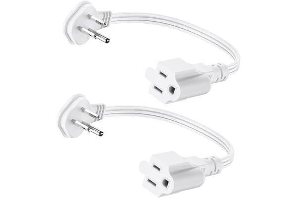 Flat Plug 1Ft Short Extension Cord, White 90-Degree Plug Low Profile Power Adapter, 3-Prong Indoor Grounded Small Extension C