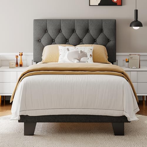 Feonase Twin Platform Bed Frame with Button Tufted Headboard, Upholstered Linen…