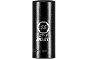 BOEN 1/2" Drive Deep Impact Sockets,Premium Impact Socket,24mm Socket,Metric,6 Point,Cr-V Steel with Laser Marking - Strong and Durable