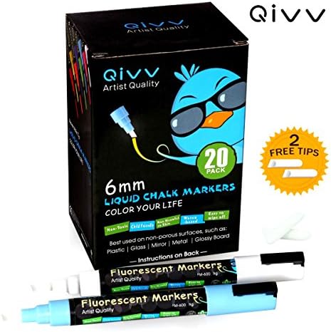20 Colors - QIVV Liquid Chalk Marker Pens - 6mm Reversible Tip (CHISEL/BULLET) - Premium Wet Erase Chalk Markers - Windows, Menu, Bistro, Whiteboards [Free 2 Reversible Tip + 16 Chalkboard Labels]