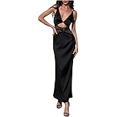 SHENHE Women's Satin Lace Deep V Neck Spaghetti Strap Slip Dress Party Evening Night Maxi Dress
