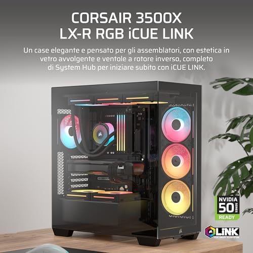 3500X LX-R RGB iCUE LINK Case PC Mid-Tower Panoramico – 3 Ventole LX120-R RGB Preinstallate, Include Hub di Sistema iCUE LINK, Fino a 10 Ventole da 120mm – Nero