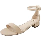 Ankis Nude Black White Women Sandals Dressy 1 Inch Low Block Heel Strappy Open Toe Flat Casual Sandals for Women Comfortable Adjustable Ankle Strap Shoes Wedding Summer