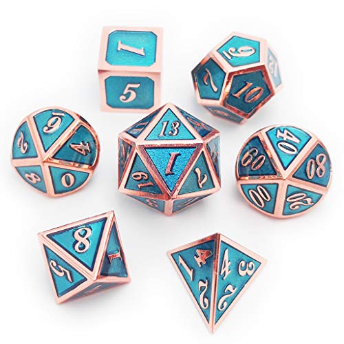 Haxtec 7PCS Metal Dice Set DND Dice D20 D12 D10 D8 D6 D4 for Dungeons and Dragons DND RPG Table Games-Glossy Enamel Dice Copper Blue