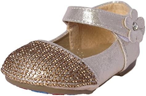 'Leylah Infant Girls Rhinestone and Flower Dress Ballet Flats Dance Shoes, Gold, Size 4'