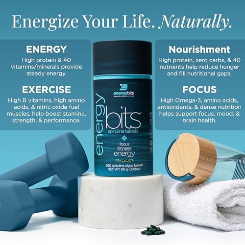 ENERGYBITS Organic Spirulina Tablets (1000 Algae Tablets) Natural Superfood for Energy, Fitness & Focus - 5g Protein, 1 Calorie, Sugar Free - Omega 3 - Spirulina Capsules - Gluten Free, Keto & Vegan