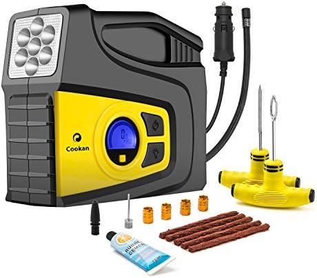 12V DC Portable Tire inflator with Tire Repair Kit, 100PSI Digital Air Compressor Pump for Car, Mid-Size RV, SUV, Bicycles by Cookan