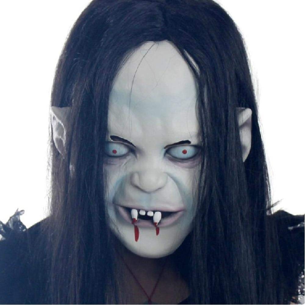 Halloween Scary Devil Ghost Mask with Bloody Teeth Halloween Costume Face Mask and Hair Blue